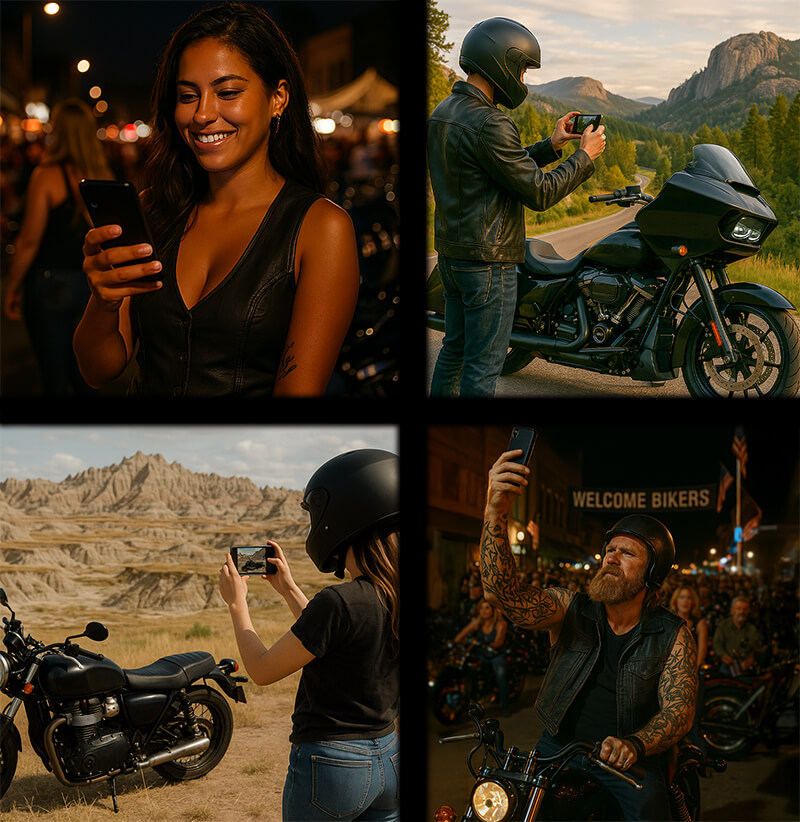 People on their phones at Sturgis Motorcycle Rally and in South Dakota